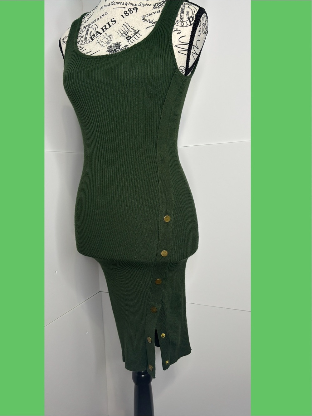 Guess Women’s Sleeveless Ribbed Dark Green Knit Dress Bodycon Mini Side Split